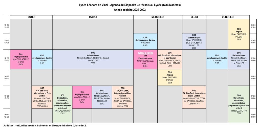 Planning du dispositif "Je réussis au lycée" (SOS matières)